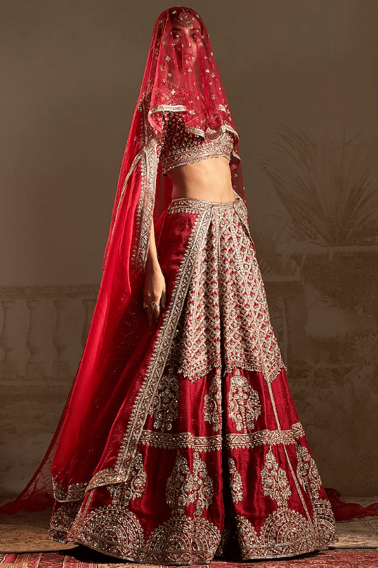 Red Raw Silk Geometric Jewelled Lehenga Set - Image 3