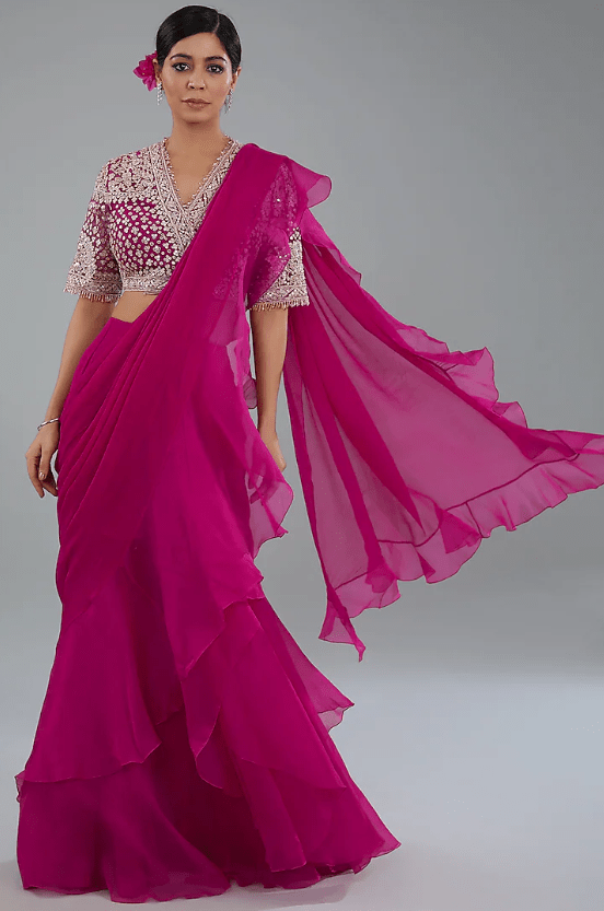 Red Chiffon & Organza Draped Saree Set