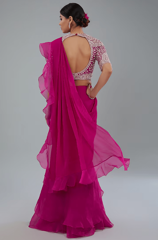 Red Chiffon & Organza Draped Saree Set - Image 2