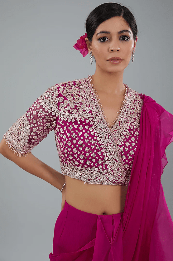 Red Chiffon & Organza Draped Saree Set - Image 4