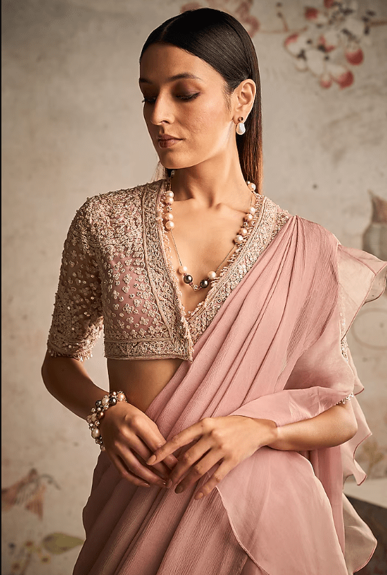 Dusty Pink Chiffon & Organza Draped Saree Set - Image 3