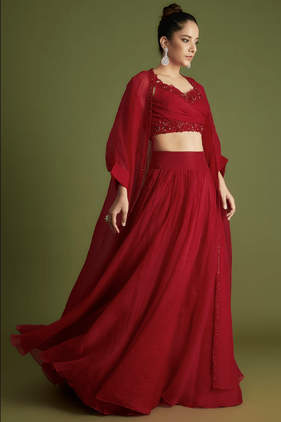 Red Organza Embroidered Jacket Lehenga Set