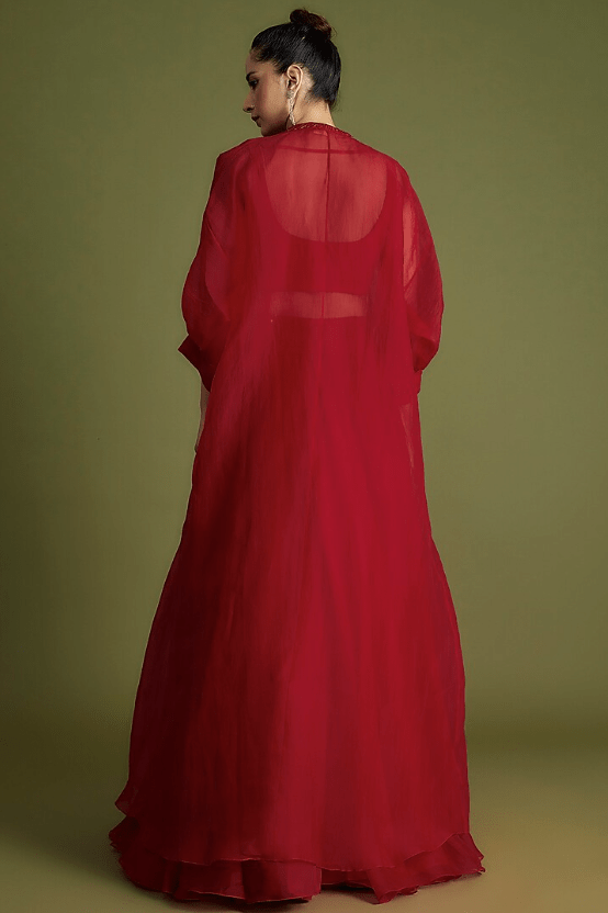 Red Organza Embroidered Jacket Lehenga Set - Image 2