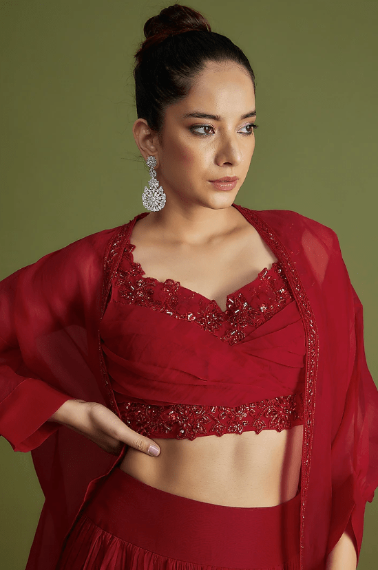 Red Organza Embroidered Jacket Lehenga Set - Image 4