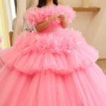 Pink Soft Net & Organza Tissue Off-Shoulder Draped Dress For Girls