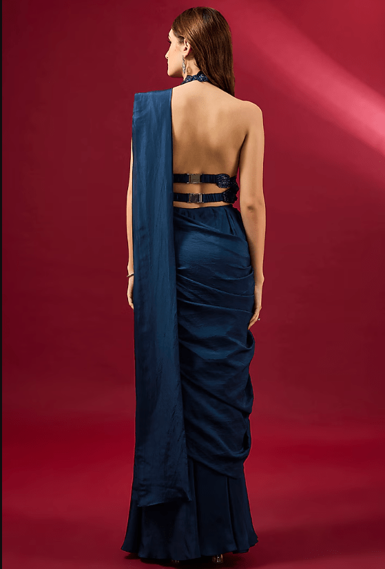 Navy Blue Organza & Flat Chiffon Saree Set - Image 2