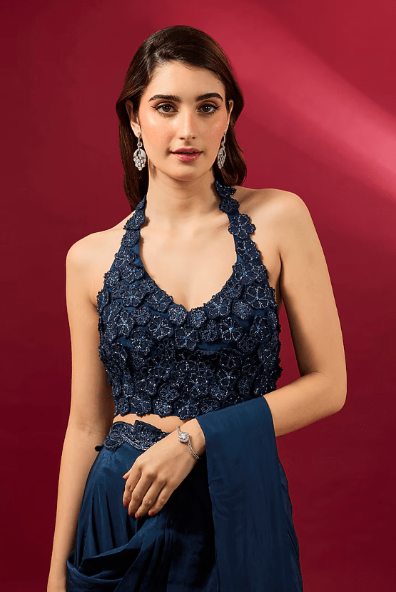 Navy Blue Organza & Flat Chiffon Saree Set - Image 3