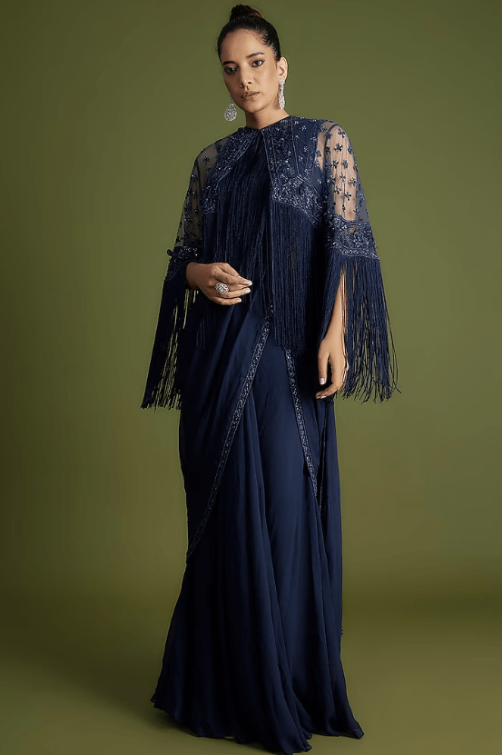 Navy Blue Georgette Embroidered Jacket Saree Set