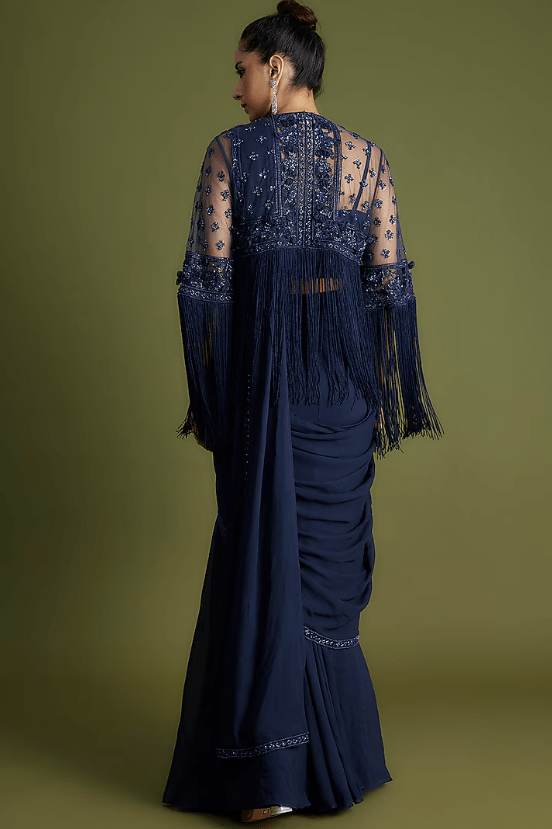Navy Blue Georgette Embroidered Jacket Saree Set - Image 2