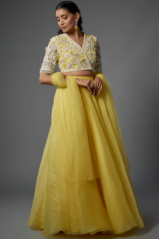 Yellow Organza & Chiffon Lehenga Set