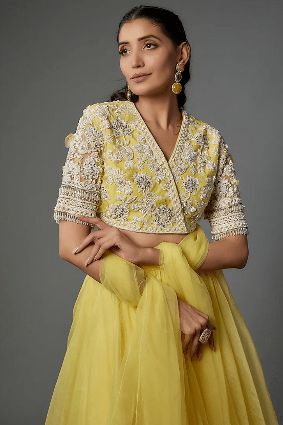 Yellow Organza & Chiffon Lehenga Set - Image 4