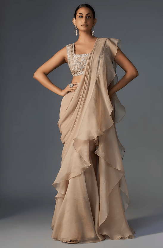Dark Champagne Chiffon Organza Draped Ruffled Saree Set