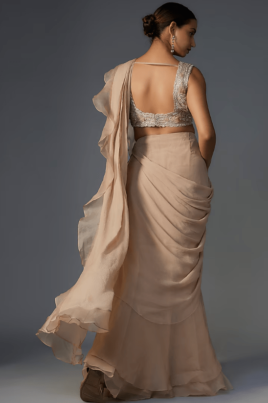 Dark Champagne Chiffon Organza Draped Ruffled Saree Set - Image 2