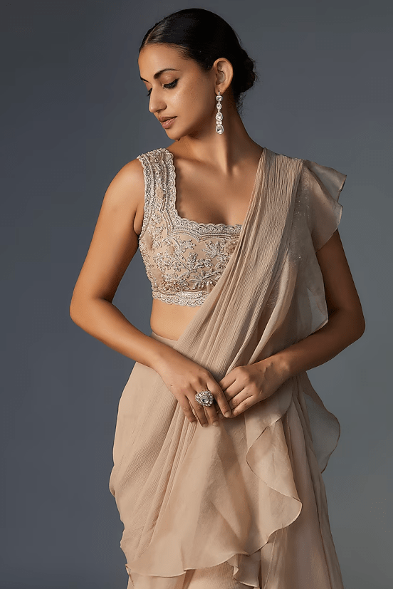 Dark Champagne Chiffon Organza Draped Ruffled Saree Set - Image 3