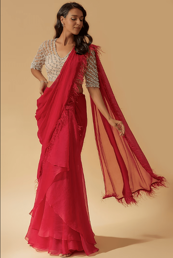 Red Chiffon Organza Draped Saree Set