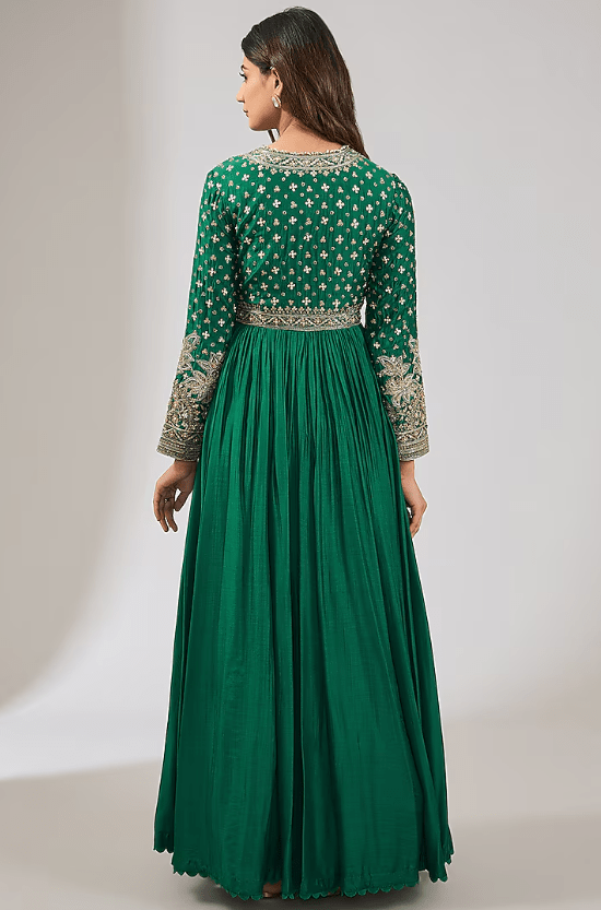 Emerald Green Fine Silk Embroidered Anarkali Set - Image 2