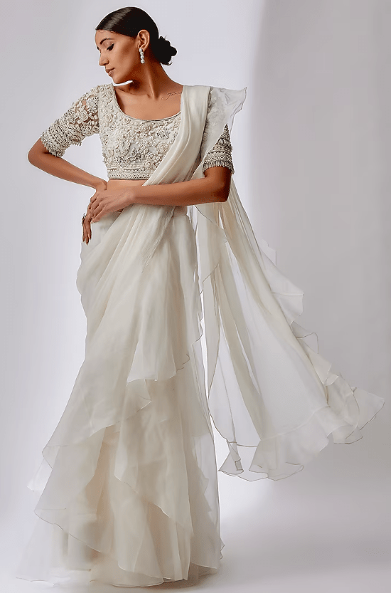 White Chiffon Organza Draped Saree Set