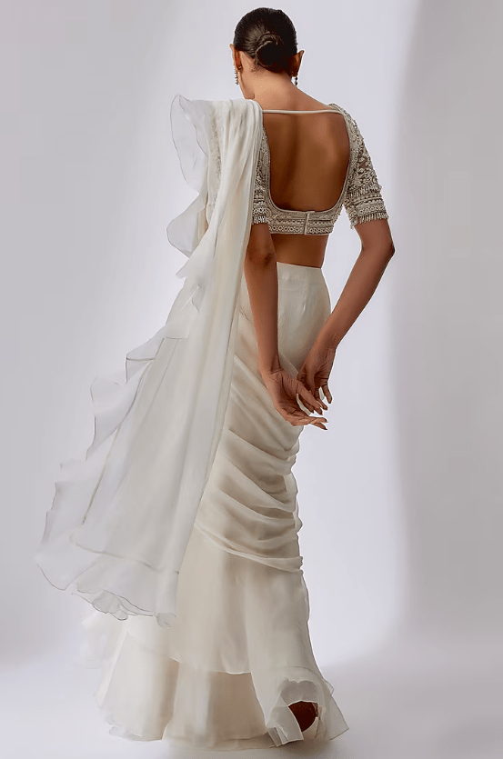 White Chiffon Organza Draped Saree Set - Image 2