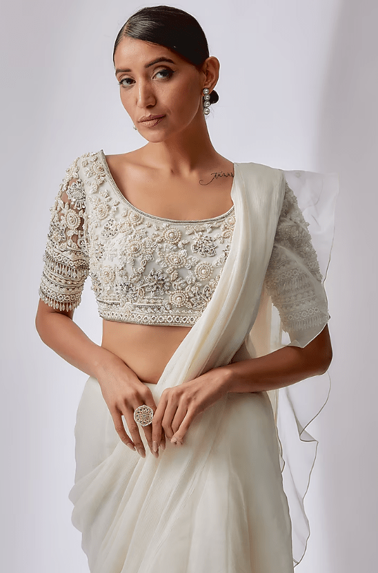 White Chiffon Organza Draped Saree Set - Image 3