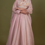 Dusty Pink Organza & Net Embroidered Jacket Lehenga Set