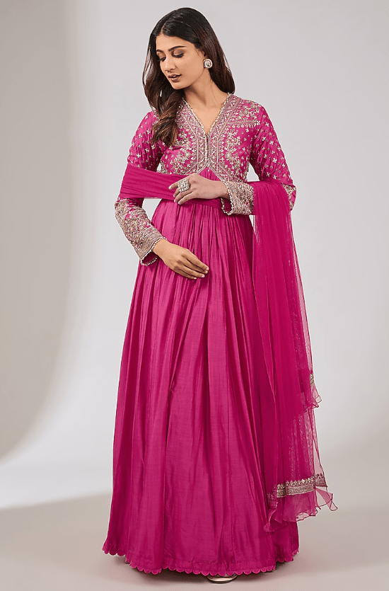 Fuchsia Fine Silk Embroidered Anarkali Set
