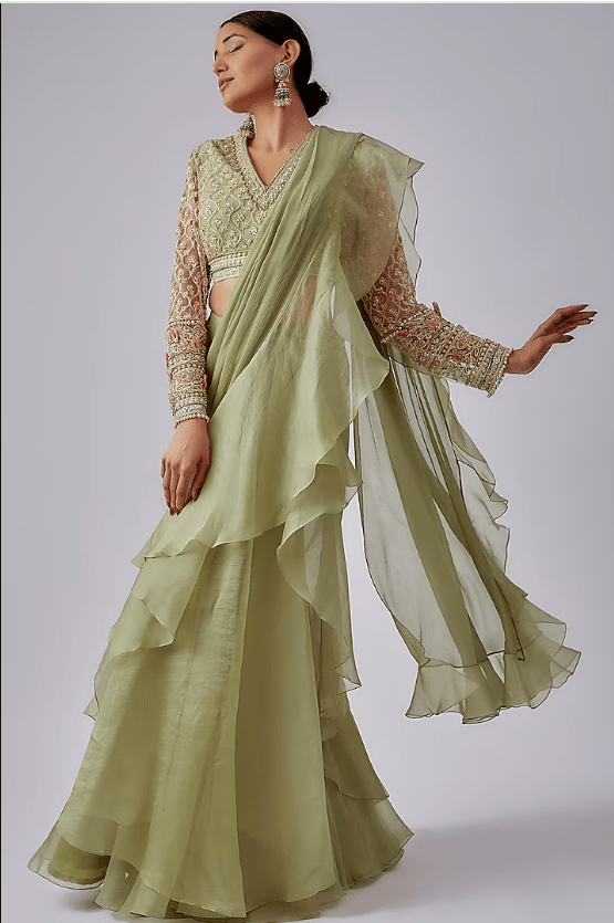 Mint Green Chiffon Organza Ruffled Draped Saree Set