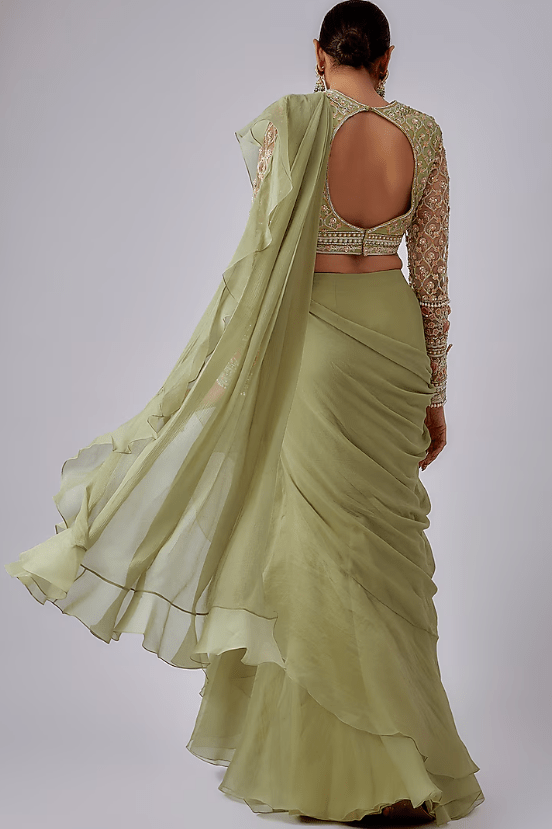 Mint Green Chiffon Organza Ruffled Draped Saree Set - Image 2