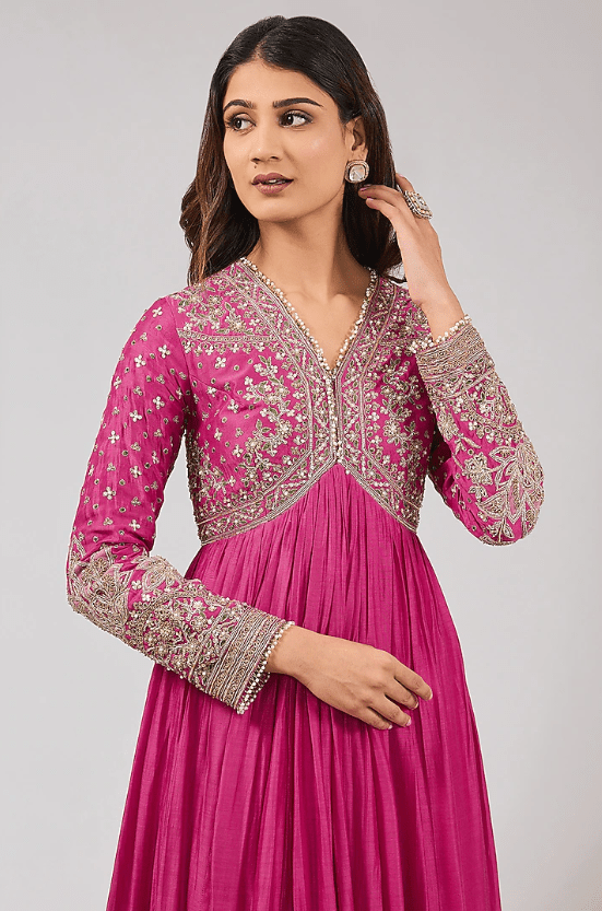 Fuchsia Fine Silk Embroidered Anarkali Set - Image 3