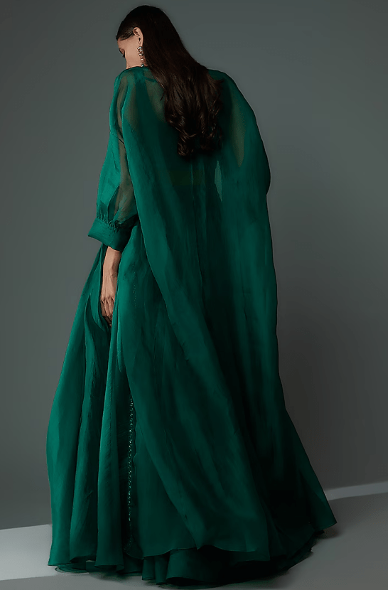 Emerald Green Chiffon & Organza Jacket Lehenga Set - Image 2