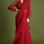 Red Chiffon Organza Draped Saree Set