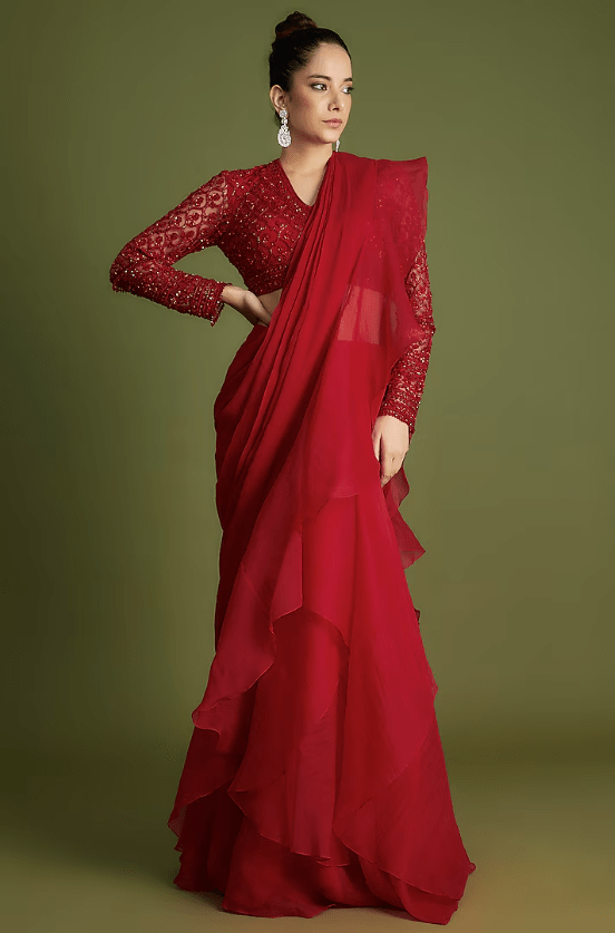 Red Chiffon Organza Draped Saree Set