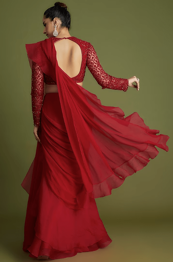 Red Chiffon Organza Draped Saree Set - Image 2