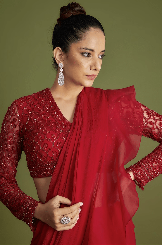 Red Chiffon Organza Draped Saree Set - Image 3