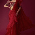 Red Chiffon Organza Draped Saree Set