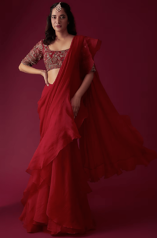 Red Chiffon Organza Draped Saree Set