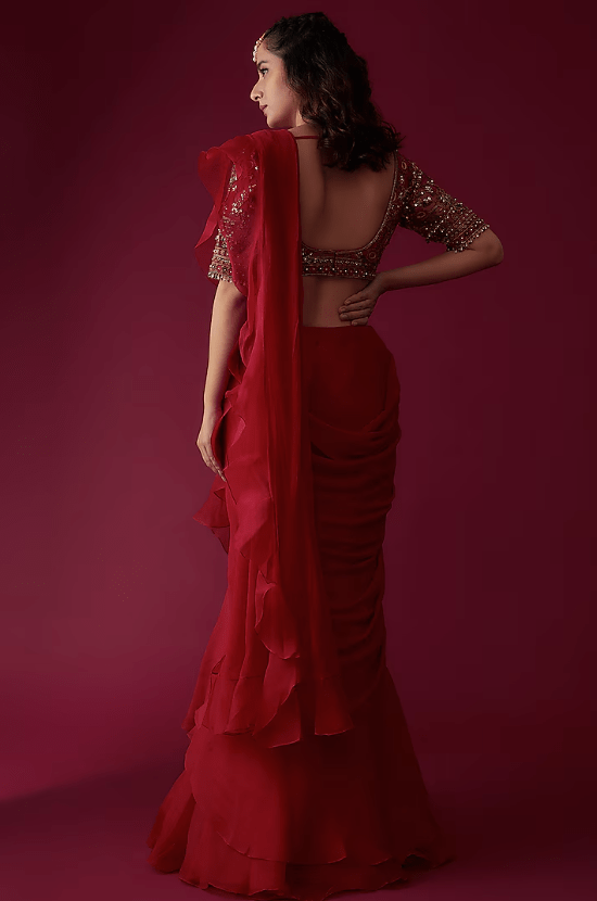 Red Chiffon Organza Draped Saree Set - Image 2