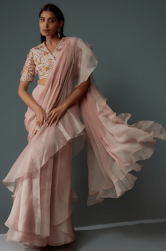 Dusty Pink Chiffon & Organza Draped Saree Set