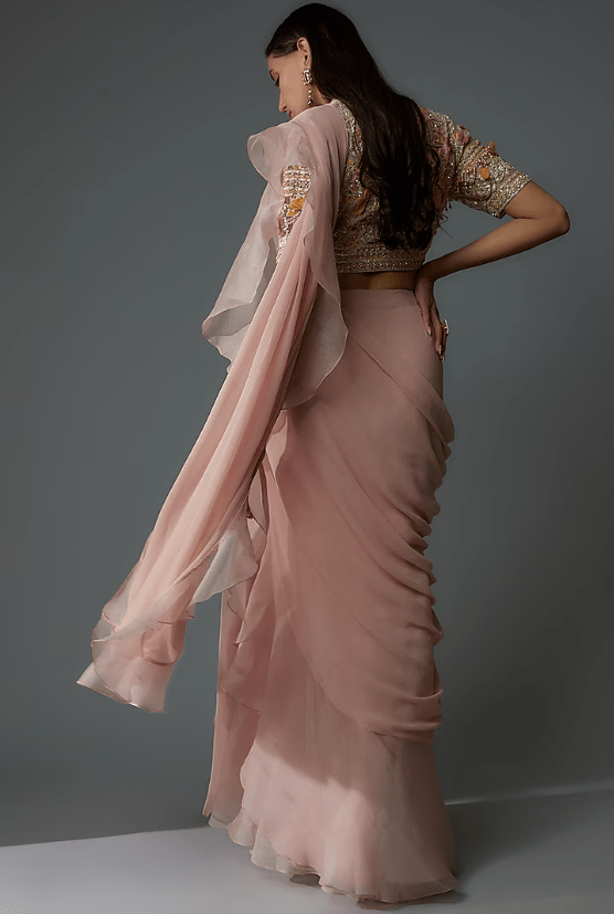 Dusty Pink Chiffon & Organza Draped Saree Set - Image 2