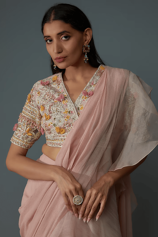 Dusty Pink Chiffon & Organza Draped Saree Set - Image 3