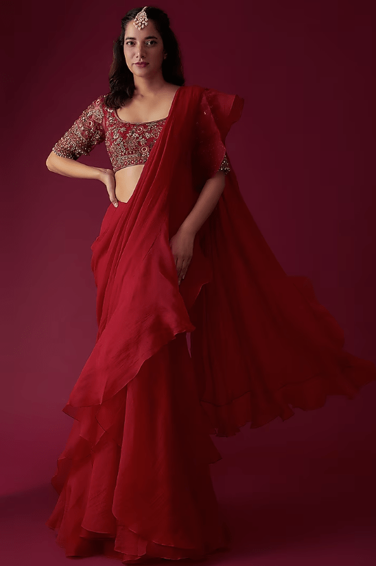Red Chiffon Organza Draped Saree Set