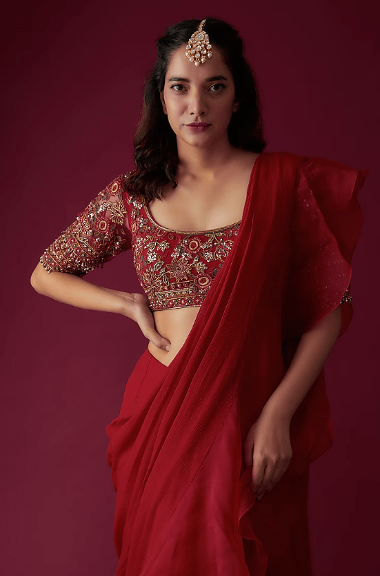 Red Chiffon Organza Draped Saree Set - Image 3