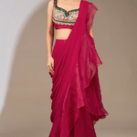 Red Chiffon Draped Ruffled Saree Set