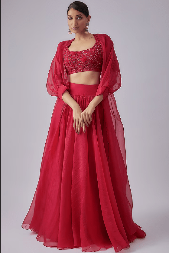 Red Organza Jacket Lehenga Set