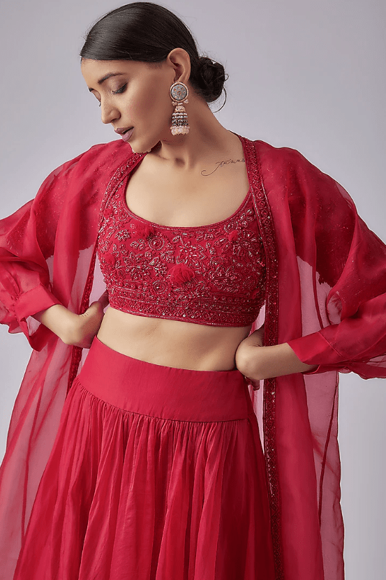 Red Organza Jacket Lehenga Set - Image 3