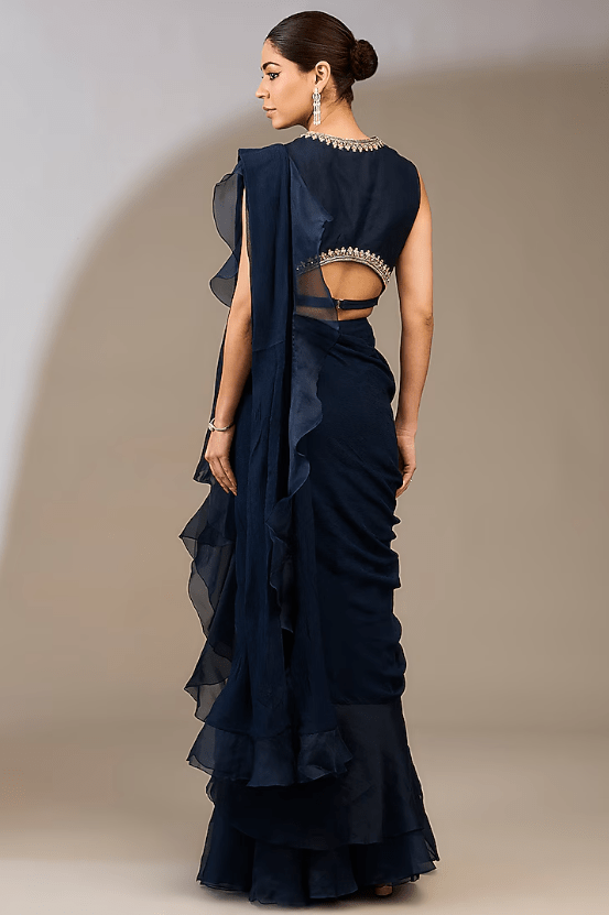 Navy Blue Chiffon Draped Ruffled Saree Set - Image 2