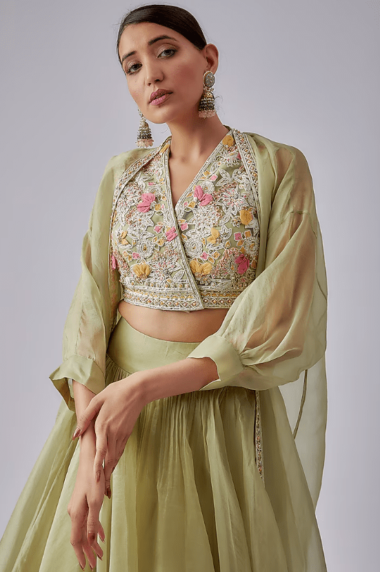 Mint Green Organza Jacket Lehenga Set - Image 4