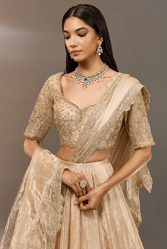 Gold Tissue Embroidered Lehenga Set - Image 4