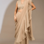 Champagne Chiffon Draped Ruffled Saree Set