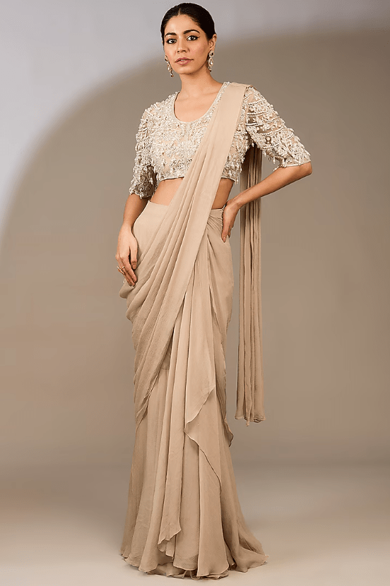 Champagne Chiffon Draped Ruffled Saree Set