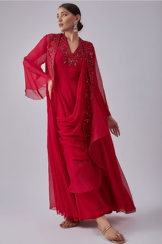 Red Organza Jumpsuit With Jacket